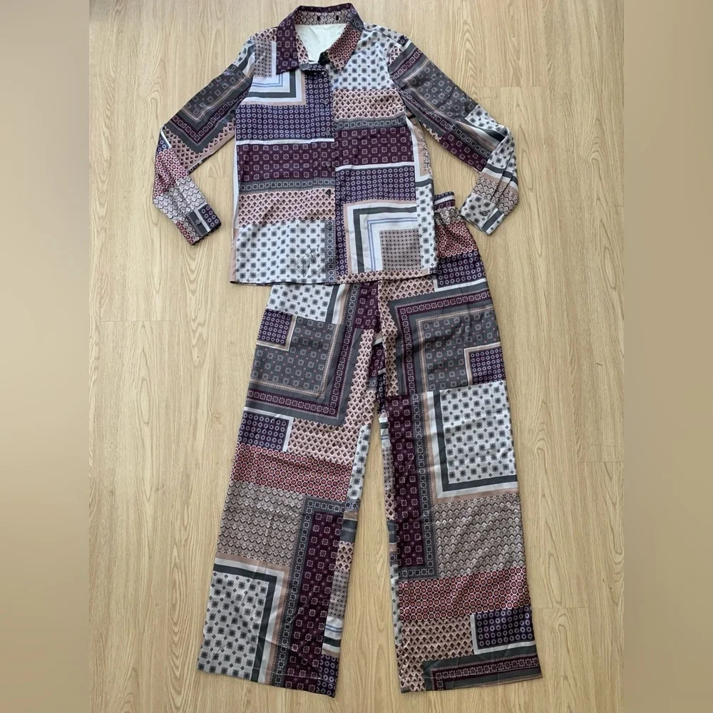 Patchwork satin outfit pajama loungewear set nwot
